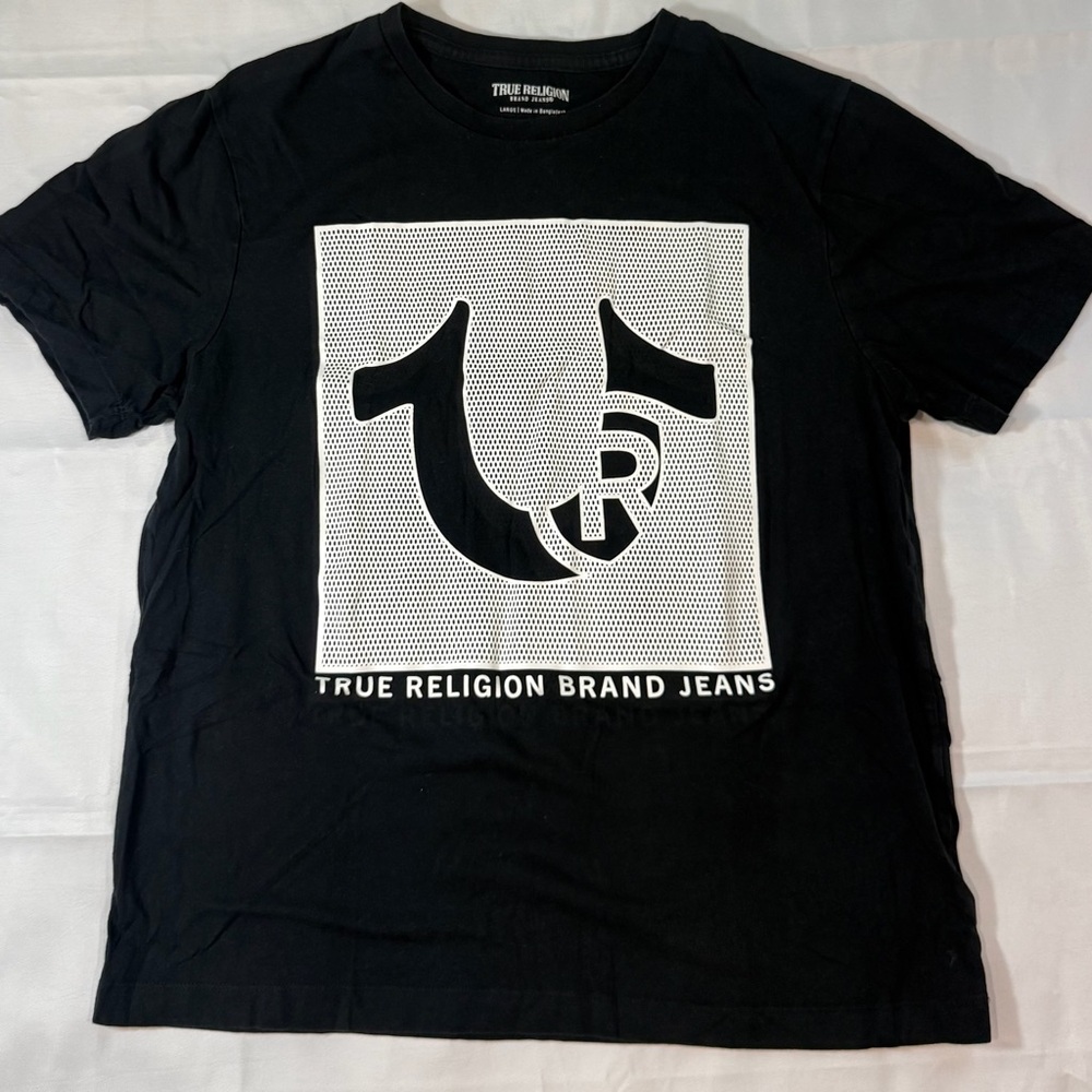 True Religion Men’s Black Graphic T-shirt Horseshoe Mesh Logo Size Large
